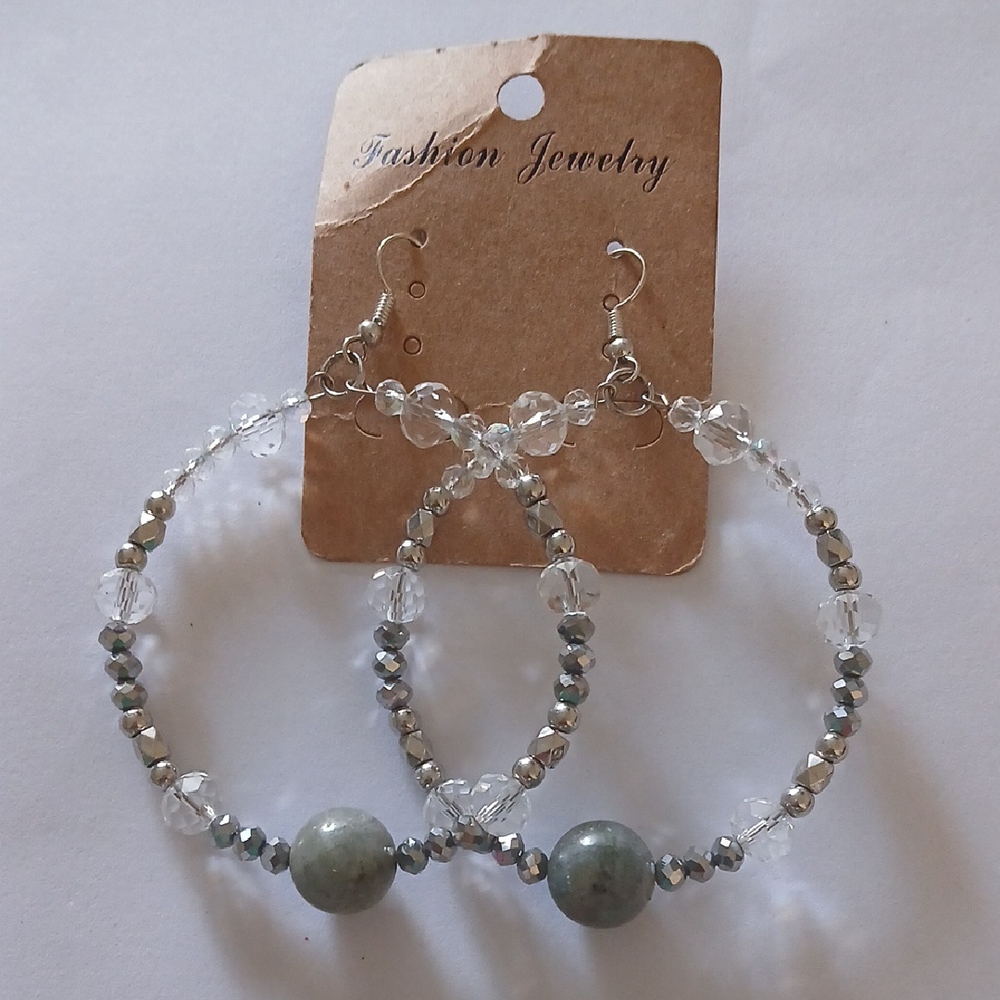 Elegant Silver and Gray Labadorite Beaded Hoop Earrings
